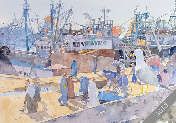  watercolour painting harbour in Morocco by Klaus Hinkel