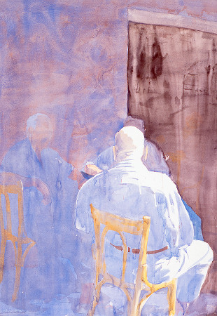 Giclée from watercolour painting Having a coffee by Klaus Hinkel